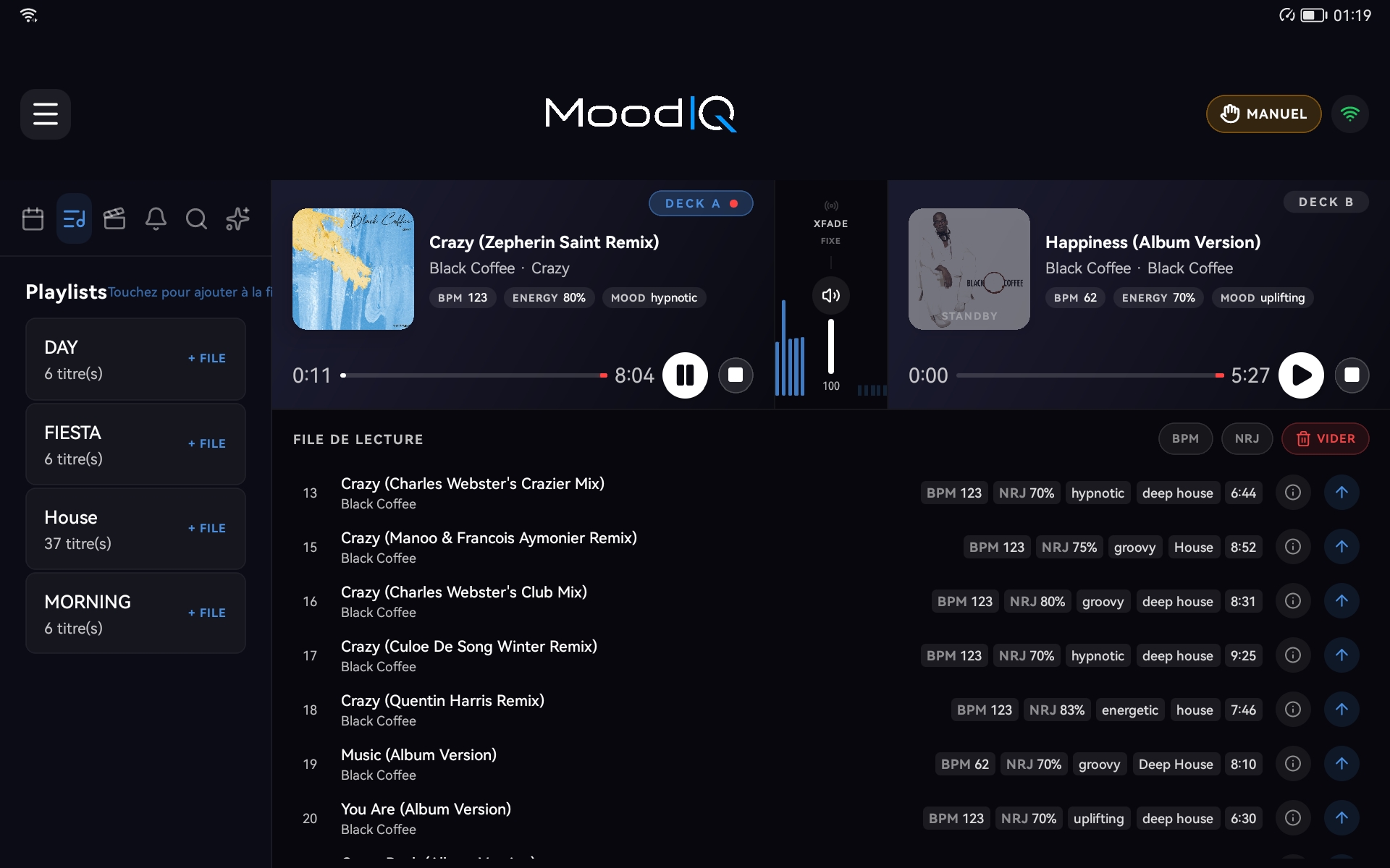 Music IQ player control interface displayed on a tablet